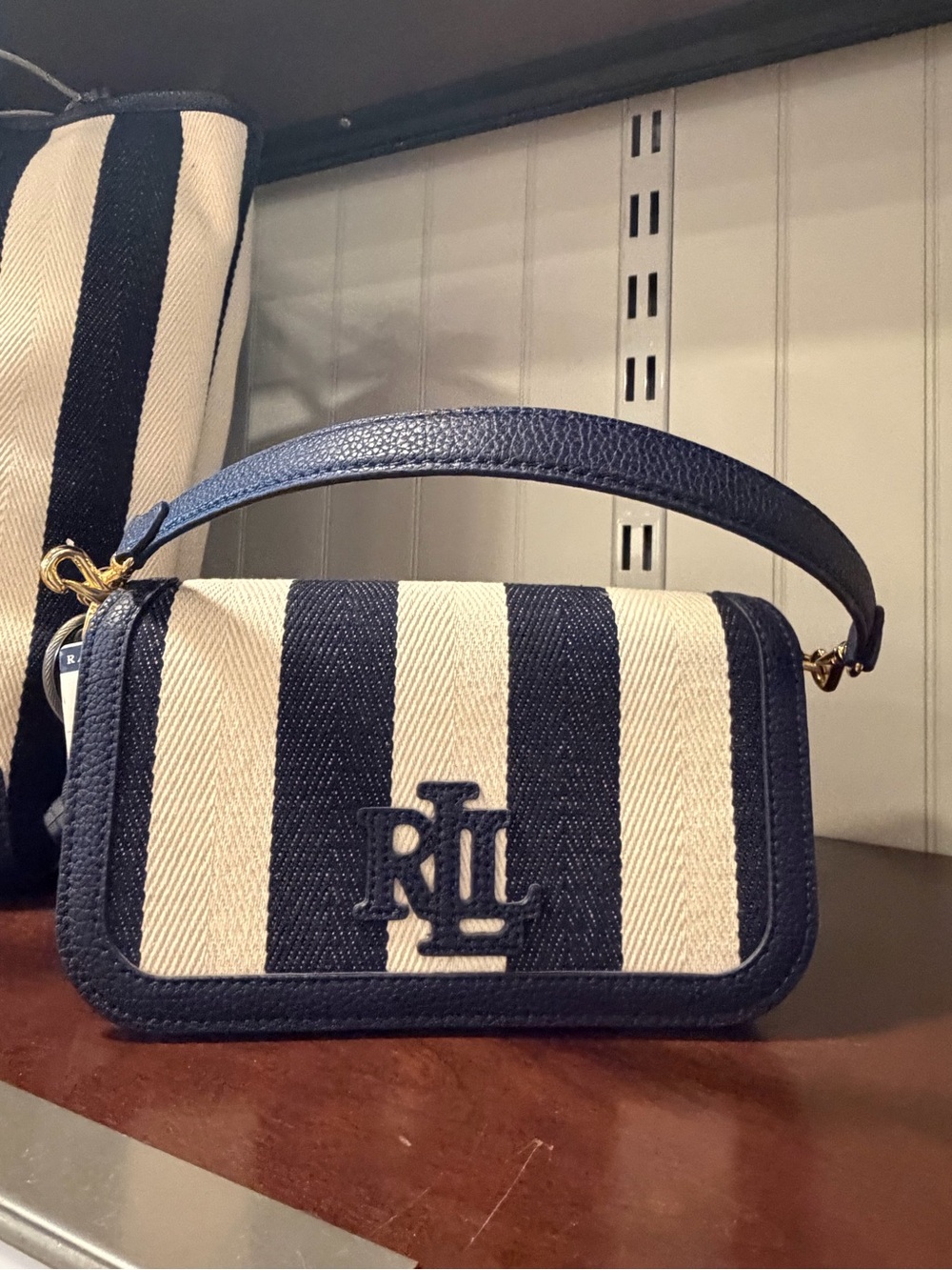NWT Ralph Lauren Women's Blue Striped Twill Small Adley Shoulder Bag - Picture 1 of 3